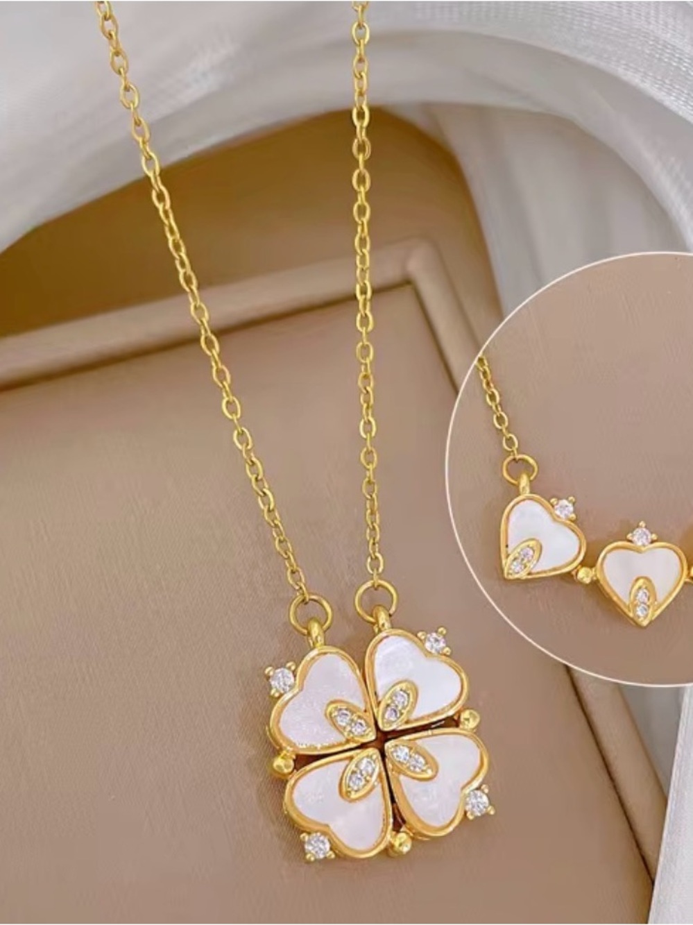 Gold and White Four-Leaf Clover Necklace - Elegant Women’s Jewelry